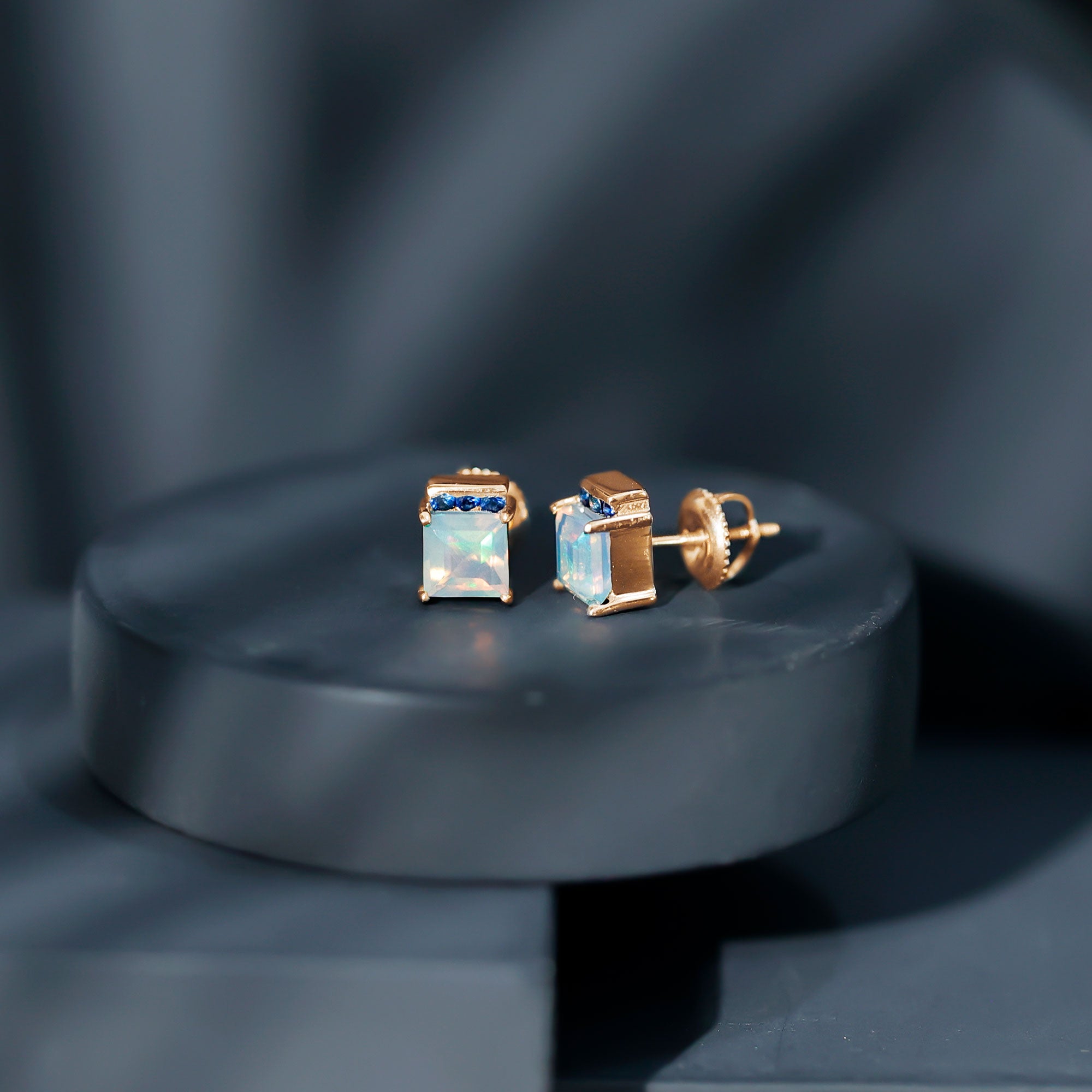 Ethiopian Opal Stud Earrings – Princess Cut Opal Sapphire Studs with Secure Screw Back