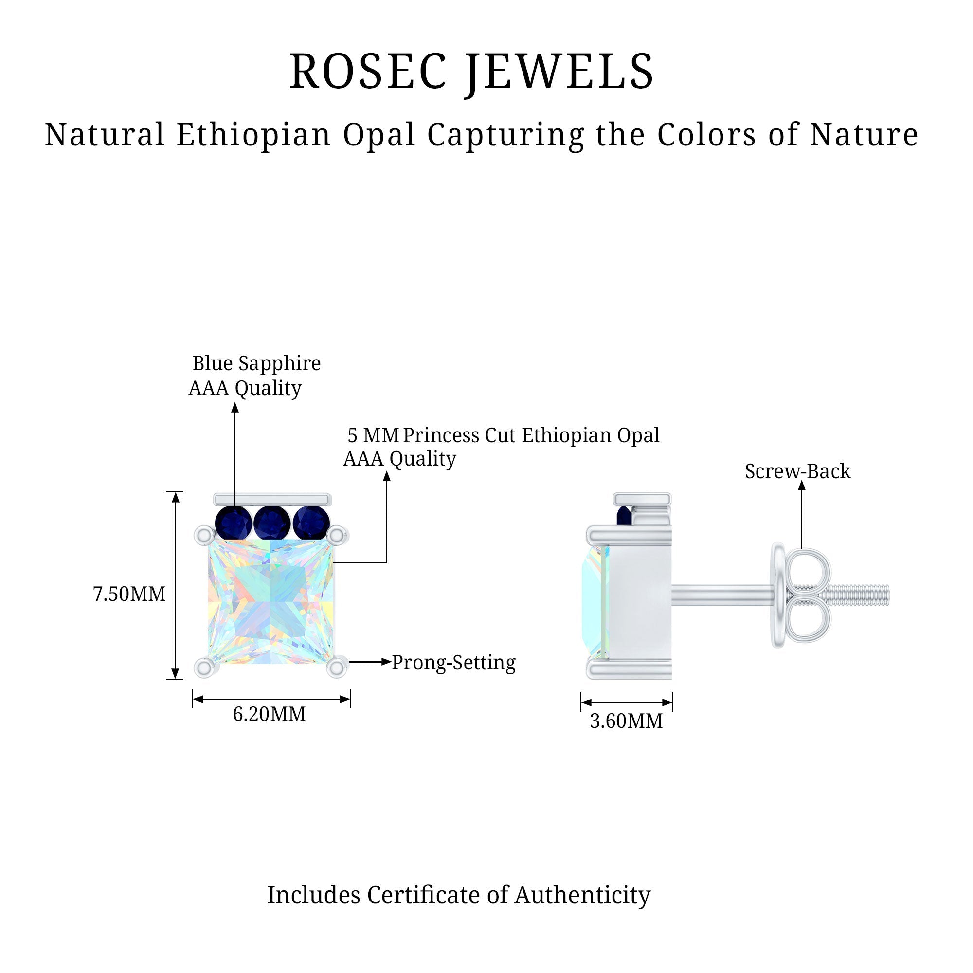 Ethiopian Opal Stud Earrings – Princess Cut Opal Sapphire Studs with Secure Screw Back
