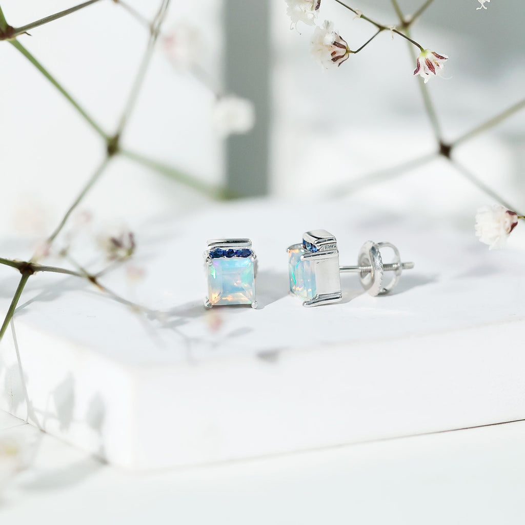 Ethiopian Opal Stud Earrings – Princess Cut Opal Sapphire Studs with Secure Screw Back