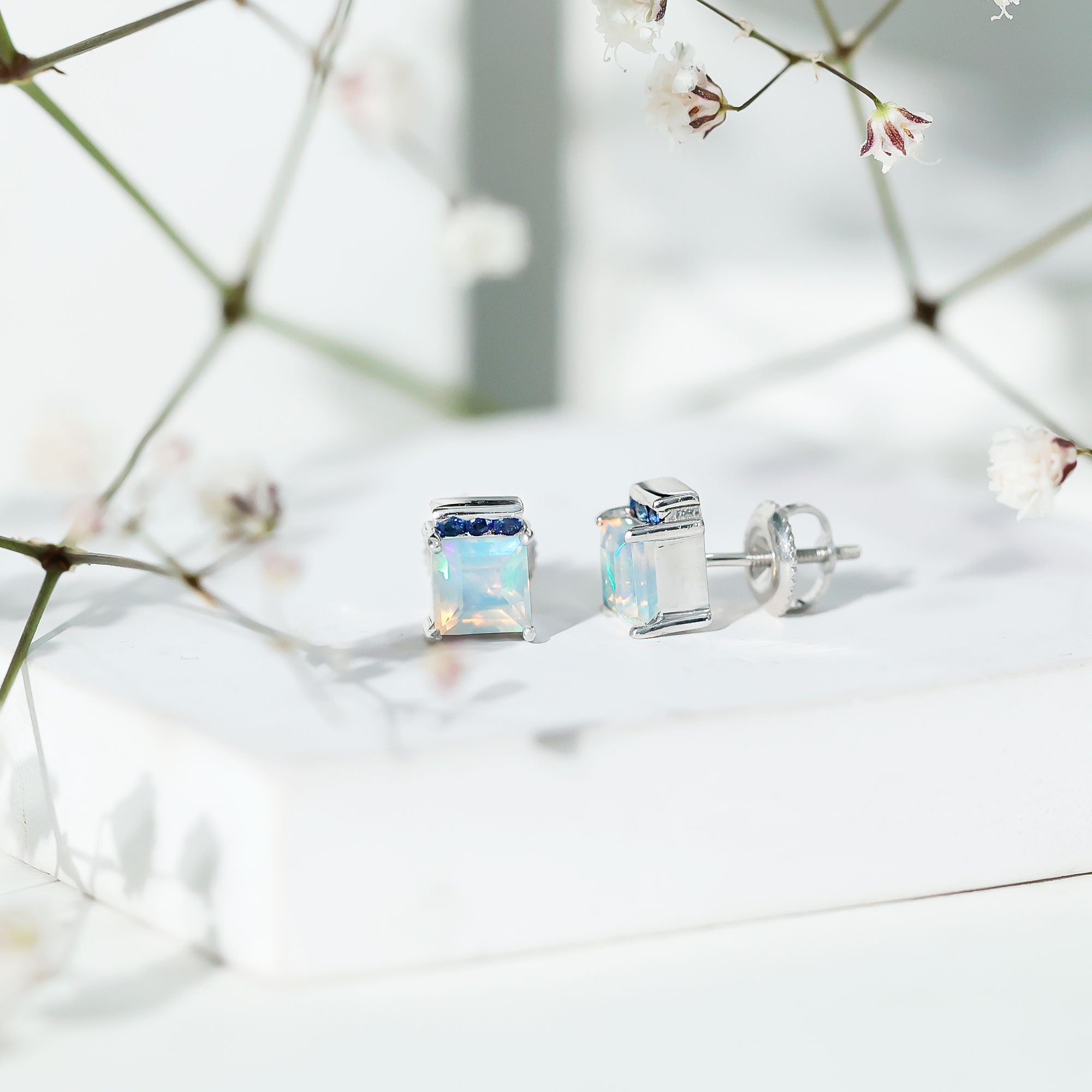 Ethiopian Opal Stud Earrings – Princess Cut Opal Sapphire Studs with Secure Screw Back