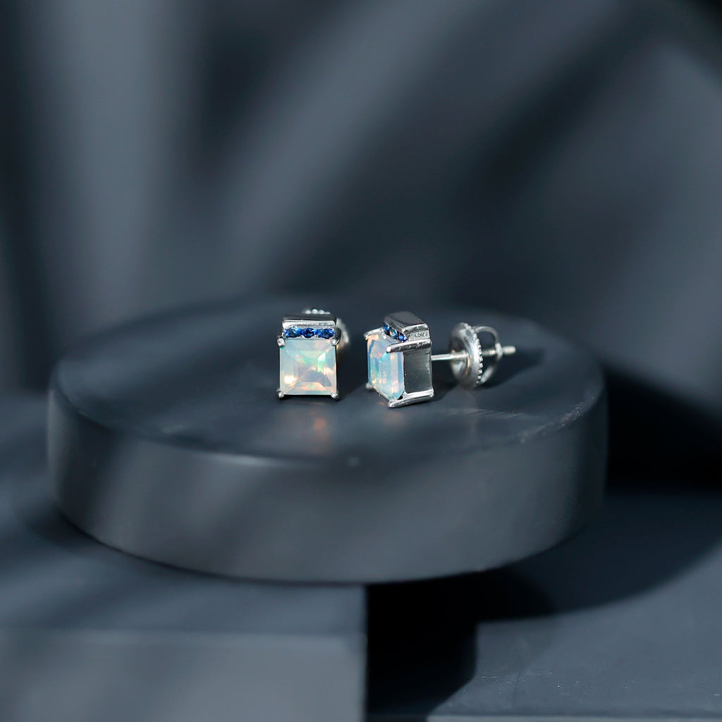 Ethiopian Opal Stud Earrings – Princess Cut Opal Sapphire Studs with Secure Screw Back