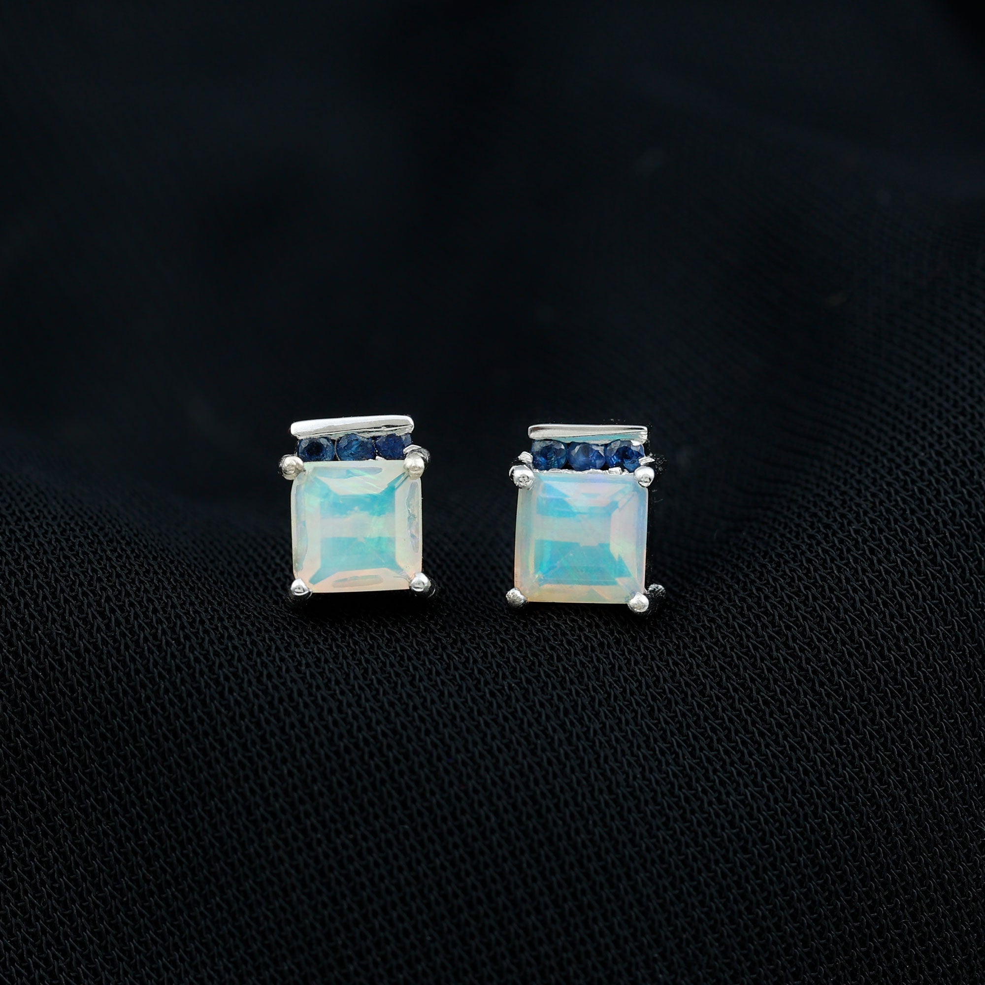 Ethiopian Opal Stud Earrings – Princess Cut Opal Sapphire Studs with Secure Screw Back