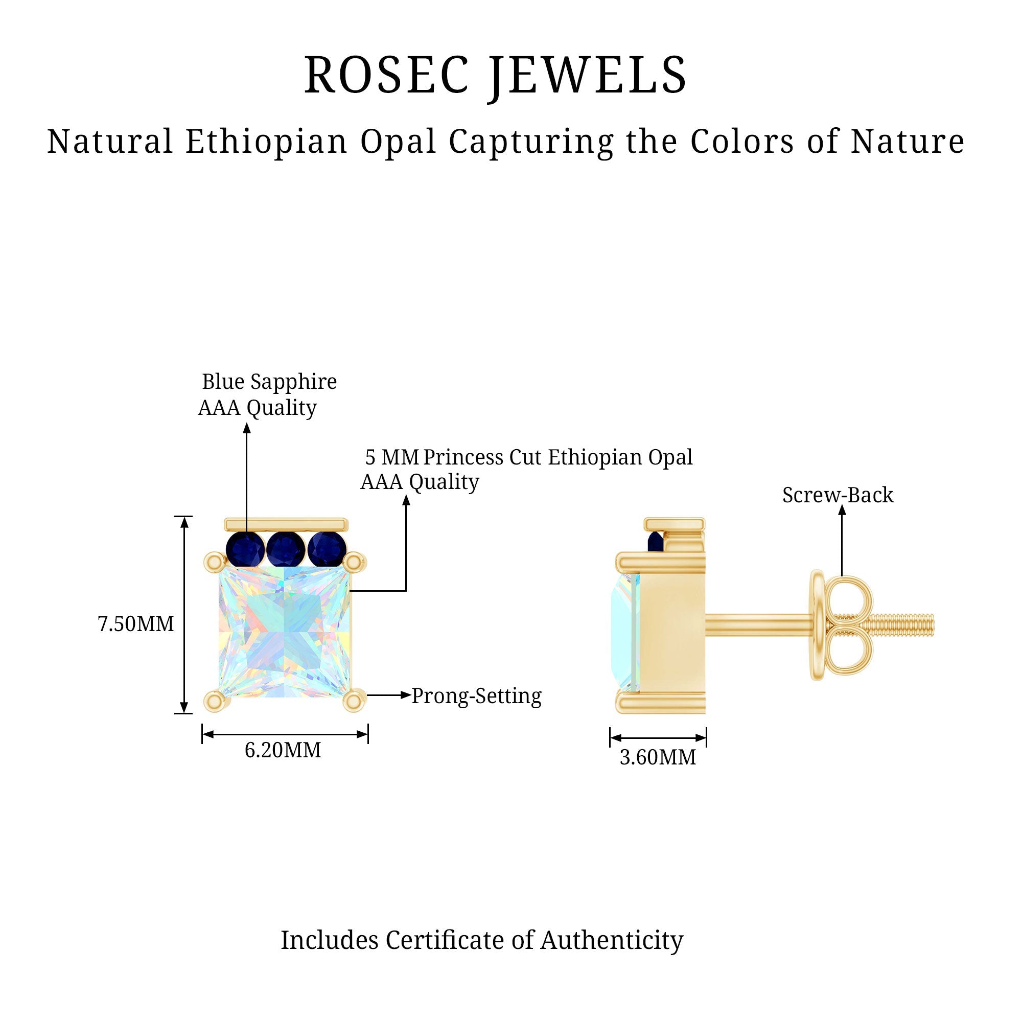 Ethiopian Opal Stud Earrings – Princess Cut Opal Sapphire Studs with Secure Screw Back
