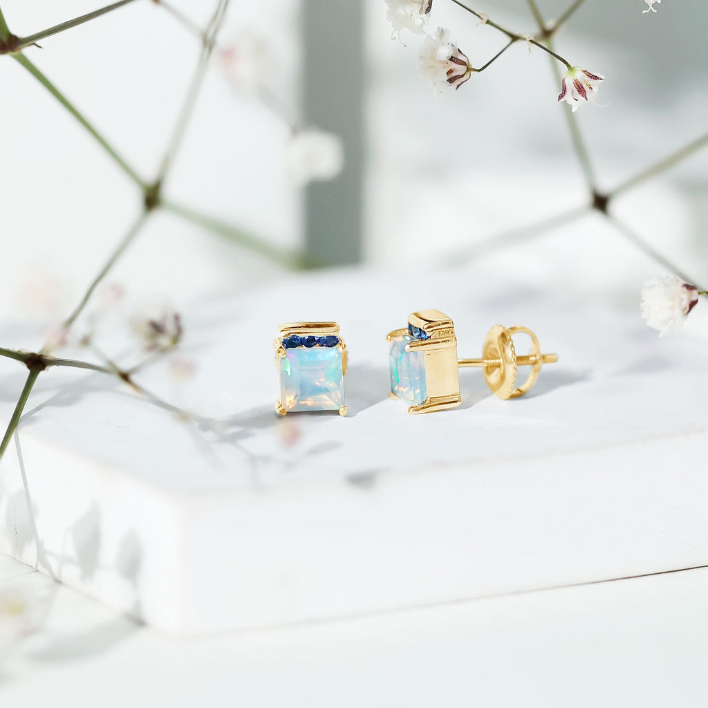 Ethiopian Opal Stud Earrings – Princess Cut Opal Sapphire Studs with Secure Screw Back