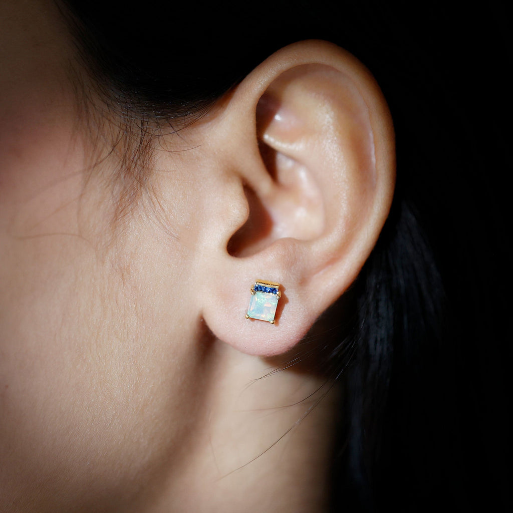 Ethiopian Opal Stud Earrings – Princess Cut Opal Sapphire Studs with Secure Screw Back