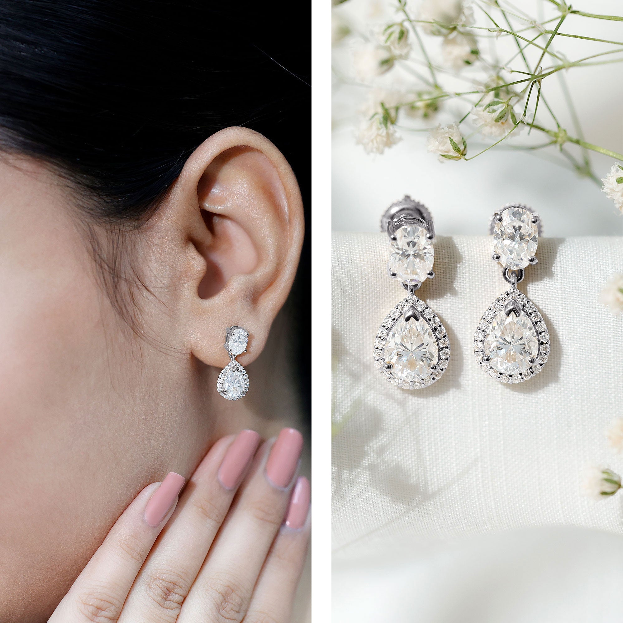 Moissanite Bridal Earrings – Pear Shaped Halo Drop | Timeless Wedding Accessories
