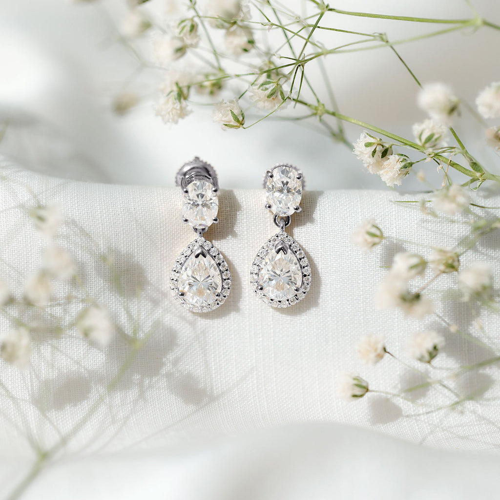 Moissanite Bridal Earrings – Pear Shaped Halo Drop | Timeless Wedding Accessories