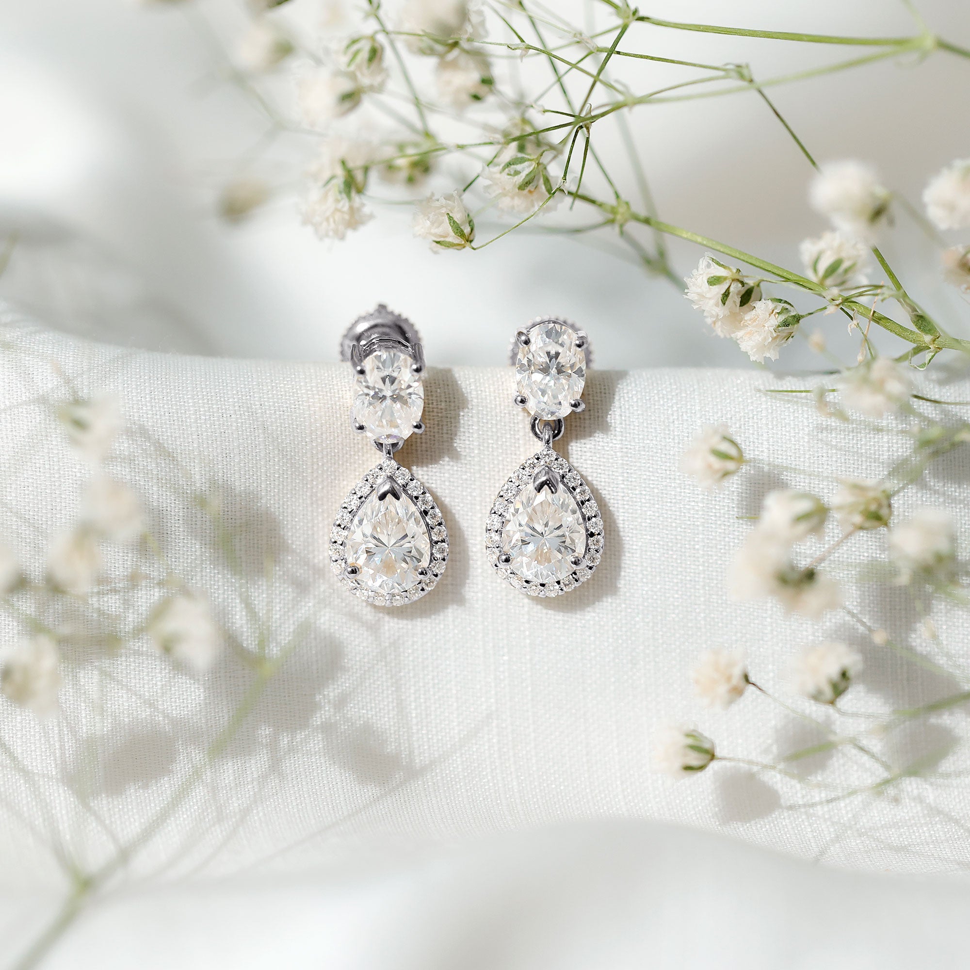 Moissanite Bridal Earrings – Pear Shaped Halo Drop | Timeless Wedding Accessories