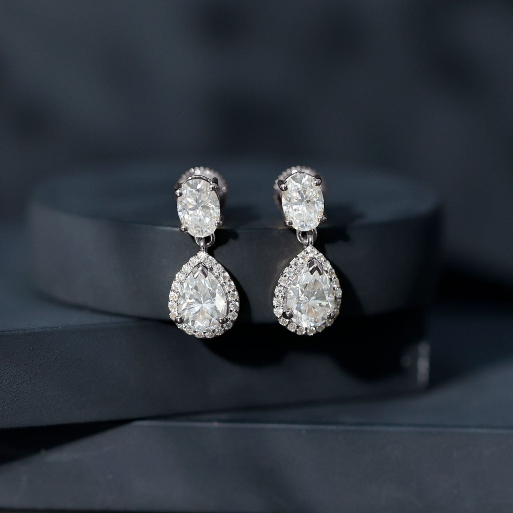 Moissanite Bridal Earrings – Pear Shaped Halo Drop | Timeless Wedding Accessories