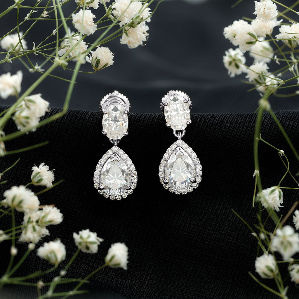 Moissanite Bridal Earrings – Pear Shaped Halo Drop | Timeless Wedding Accessories