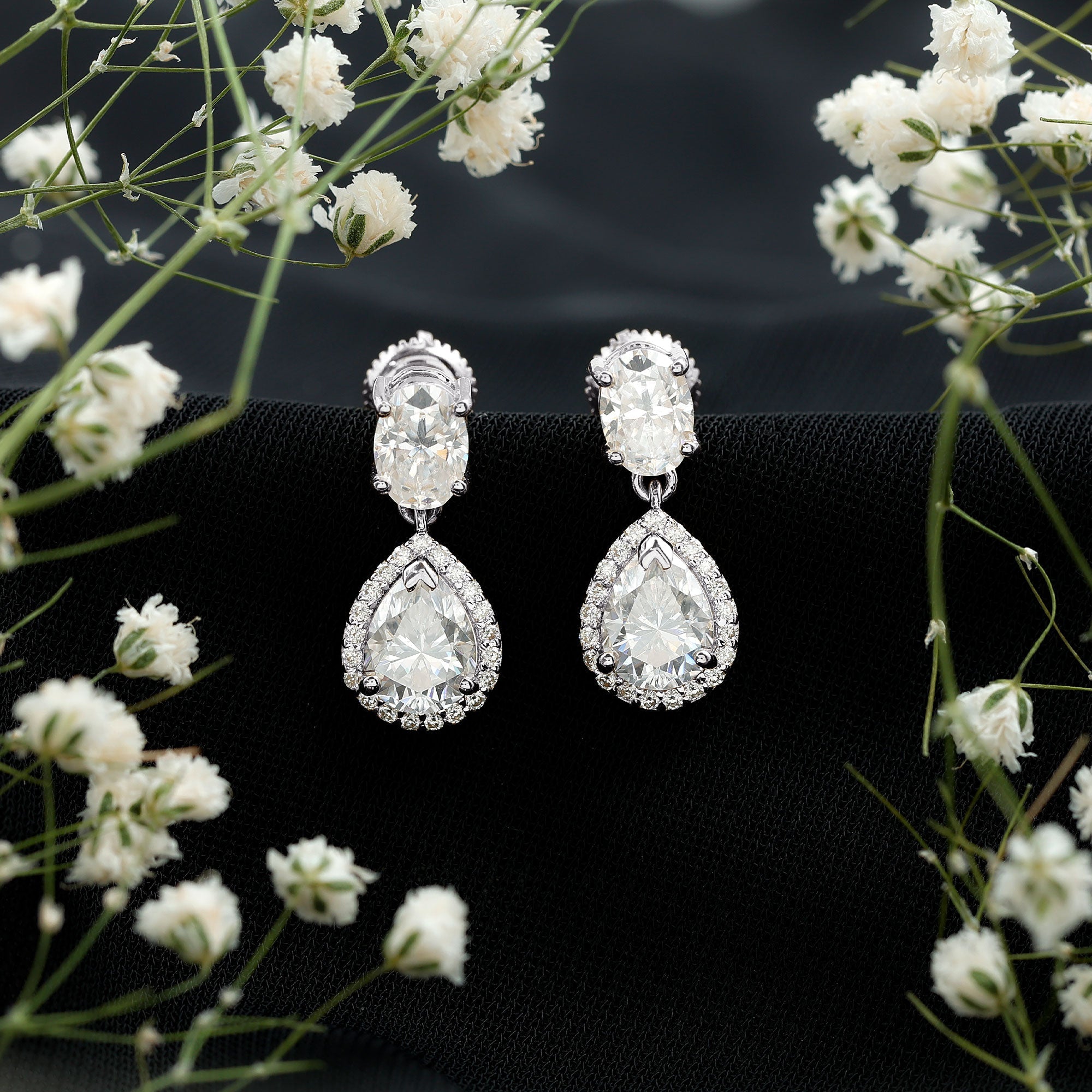 Moissanite Bridal Earrings – Pear Shaped Halo Drop | Timeless Wedding Accessories