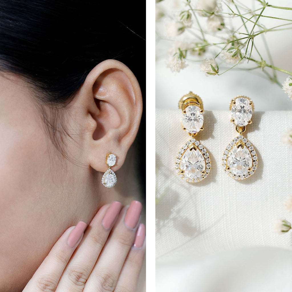 Moissanite Bridal Earrings – Pear Shaped Halo Drop | Timeless Wedding Accessories