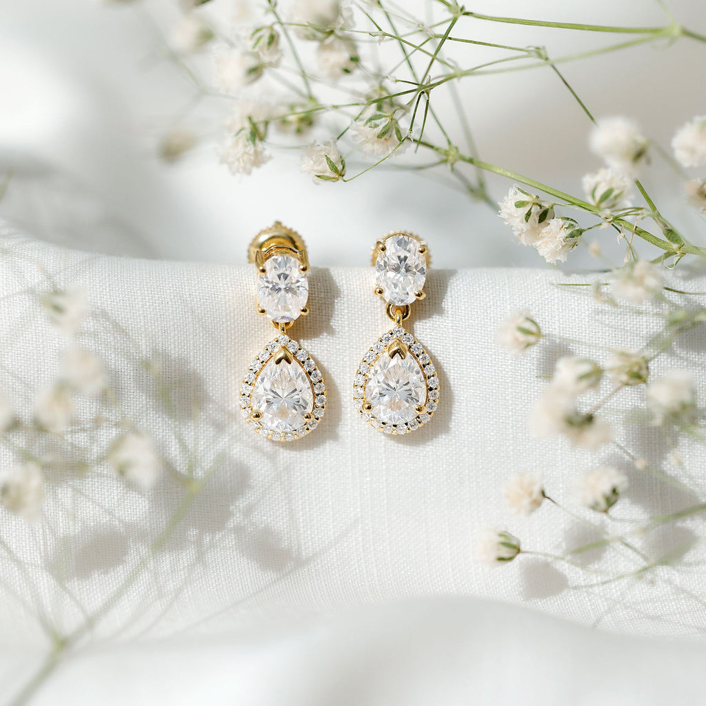 Moissanite Bridal Earrings – Pear Shaped Halo Drop | Timeless Wedding Accessories