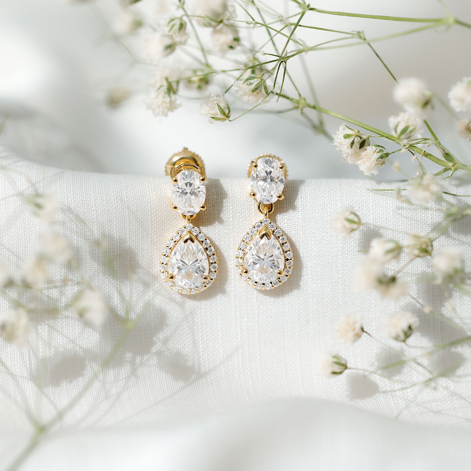 Moissanite Bridal Earrings – Pear Shaped Halo Drop | Timeless Wedding Accessories