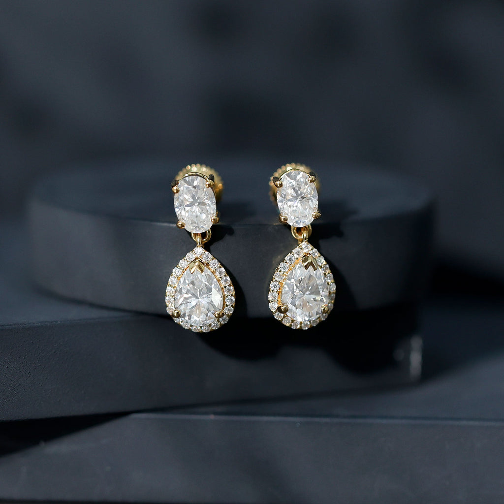 Moissanite Bridal Earrings – Pear Shaped Halo Drop | Timeless Wedding Accessories