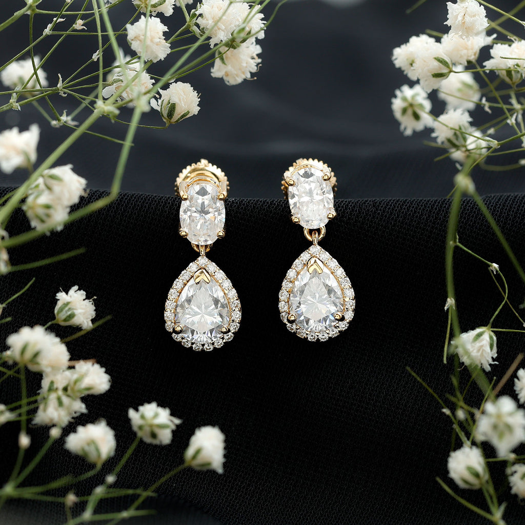 Moissanite Bridal Earrings – Pear Shaped Halo Drop | Timeless Wedding Accessories