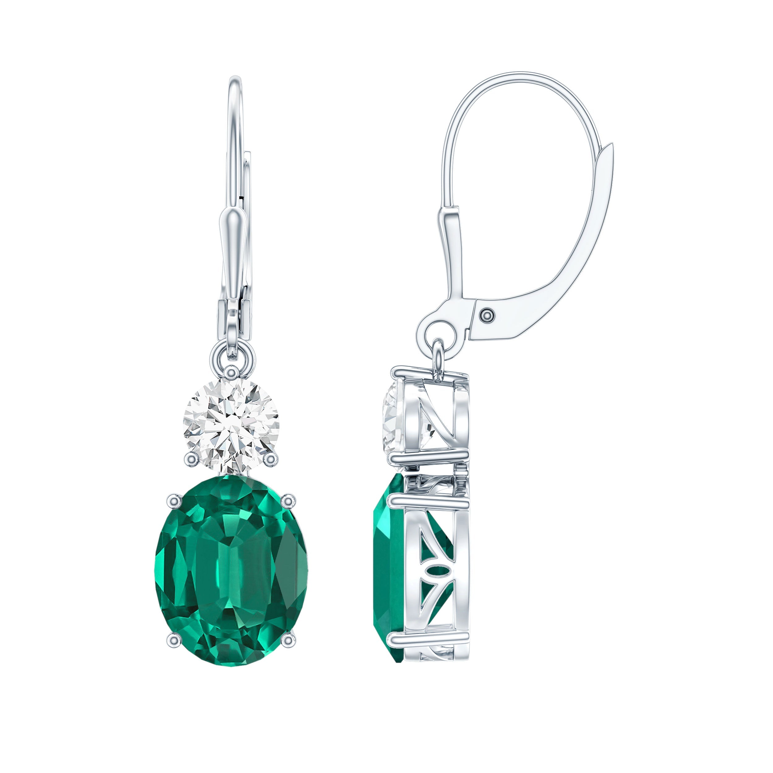 Lab Grown Emerald Earrings – Oval Drop Lever Back Earrings With Moissanite Sparkle
