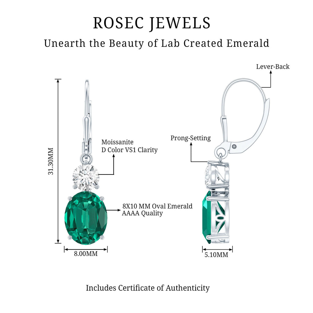 Lab Grown Emerald Earrings – Oval Drop Lever Back Earrings With Moissanite Sparkle