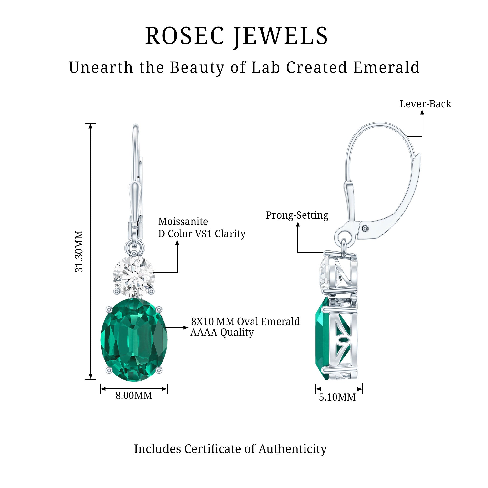 Lab Grown Emerald Earrings – Oval Drop Lever Back Earrings With Moissanite Sparkle