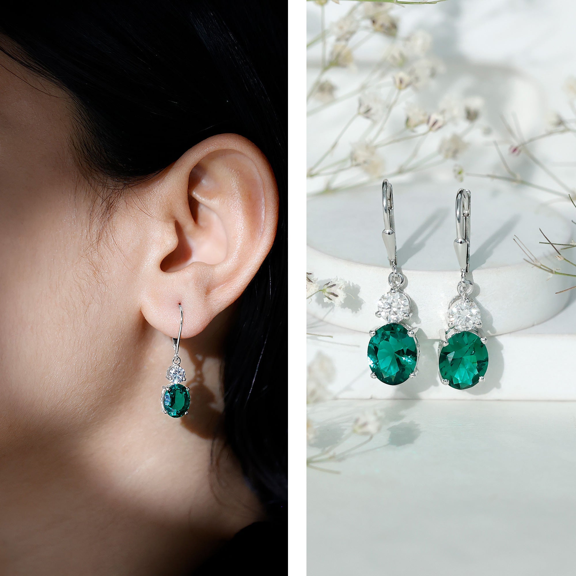Lab Grown Emerald Earrings – Oval Drop Lever Back Earrings With Moissanite Sparkle
