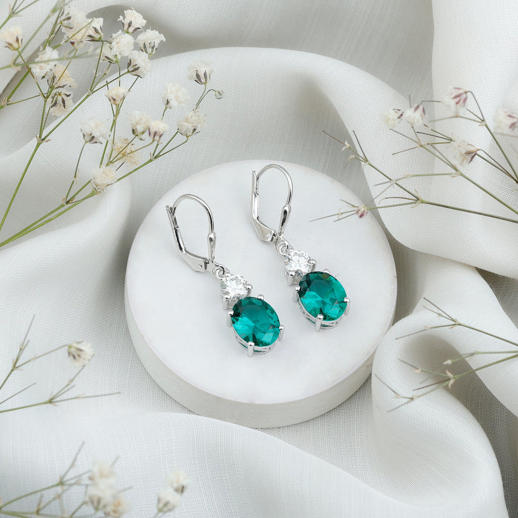 Lab Grown Emerald Earrings – Oval Drop Lever Back Earrings With Moissanite Sparkle