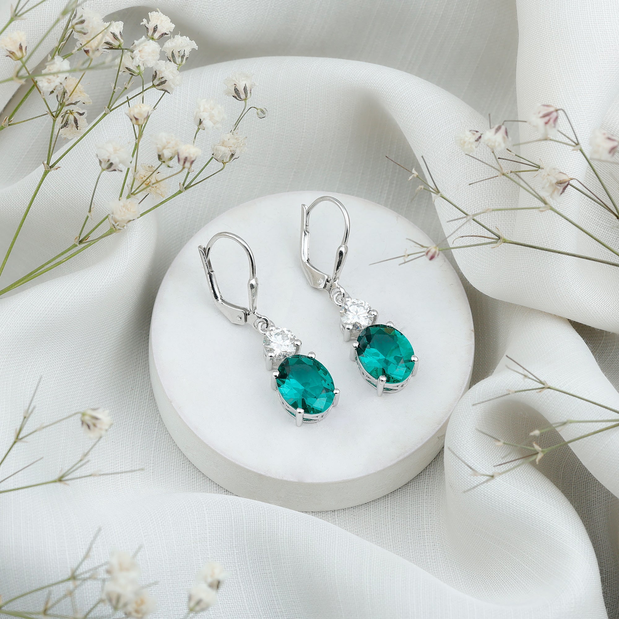 Lab Grown Emerald Earrings – Oval Drop Lever Back Earrings With Moissanite Sparkle