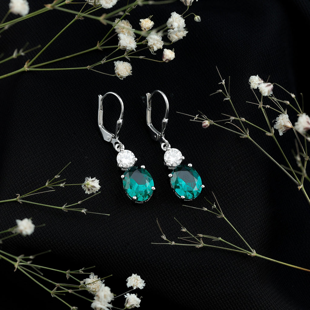 Lab Grown Emerald Earrings – Oval Drop Lever Back Earrings With Moissanite Sparkle