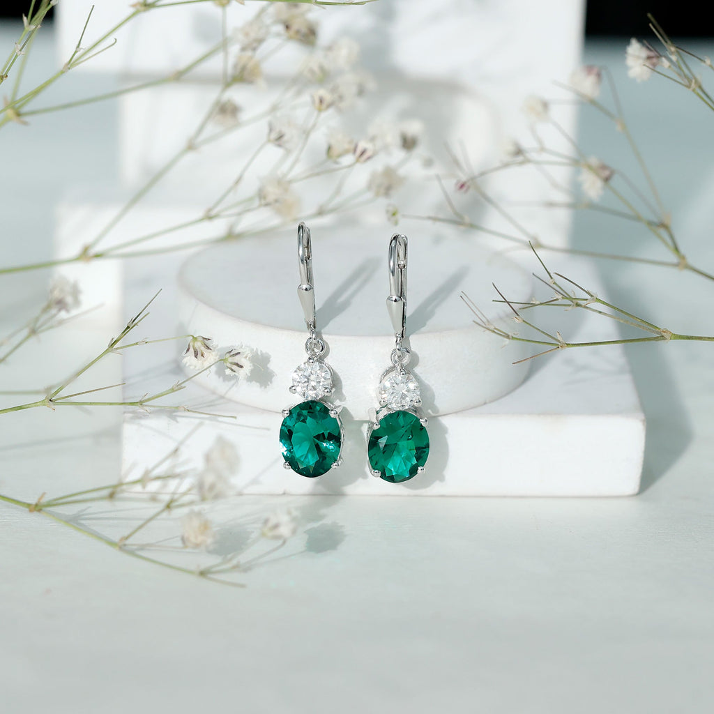 Lab Grown Emerald Earrings – Oval Drop Lever Back Earrings With Moissanite Sparkle