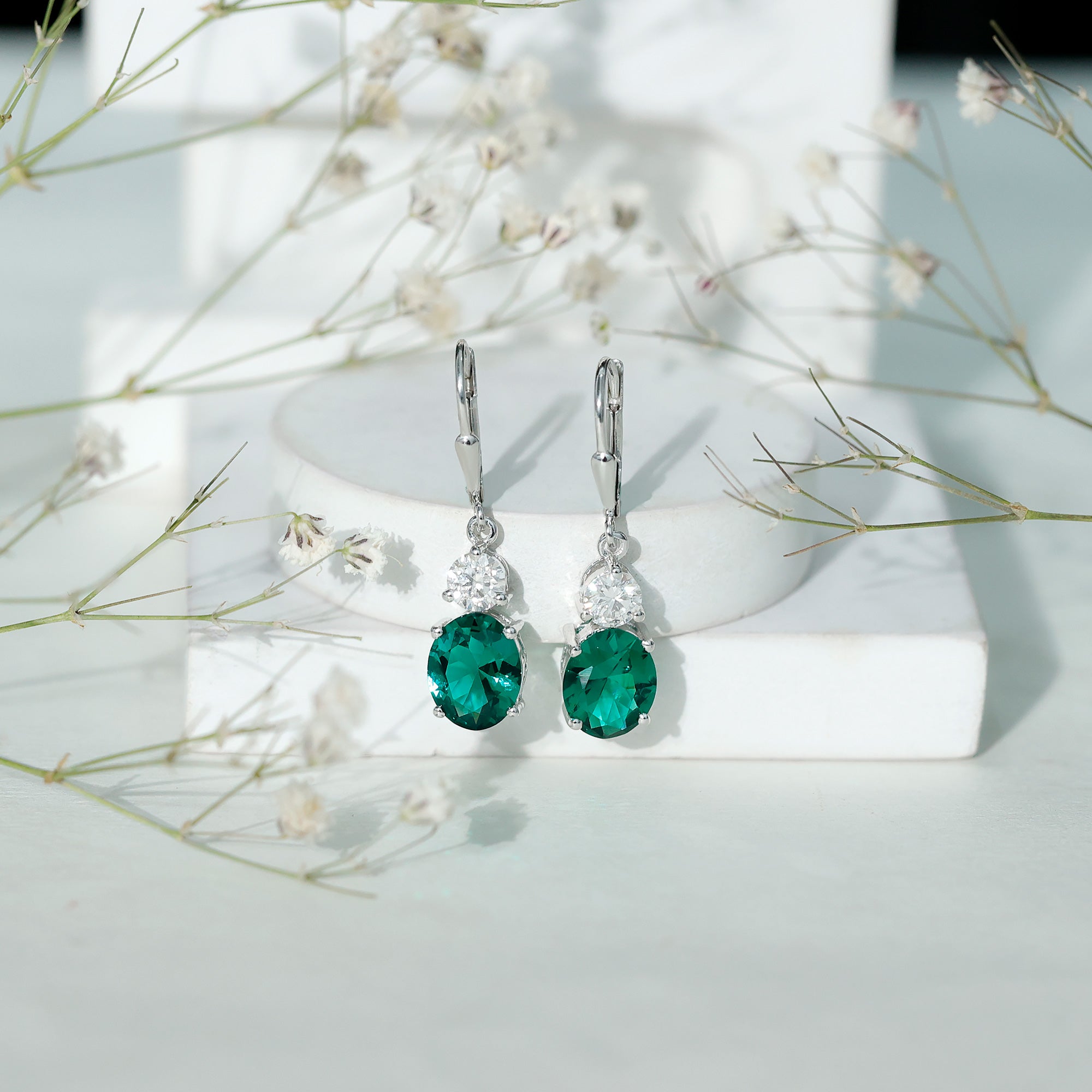 Lab Grown Emerald Earrings – Oval Drop Lever Back Earrings With Moissanite Sparkle
