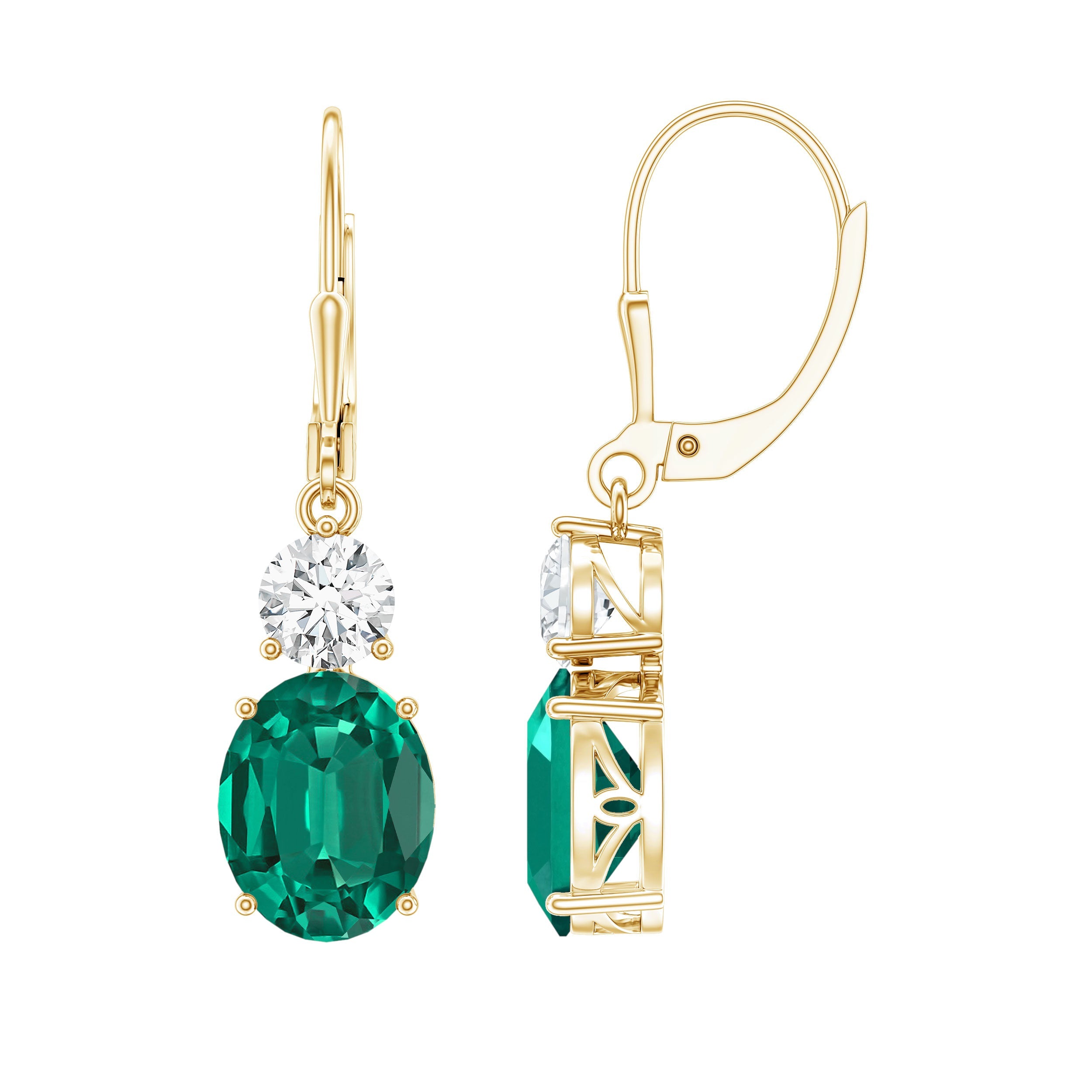 Lab Grown Emerald Earrings – Oval Drop Lever Back Earrings With Moissanite Sparkle