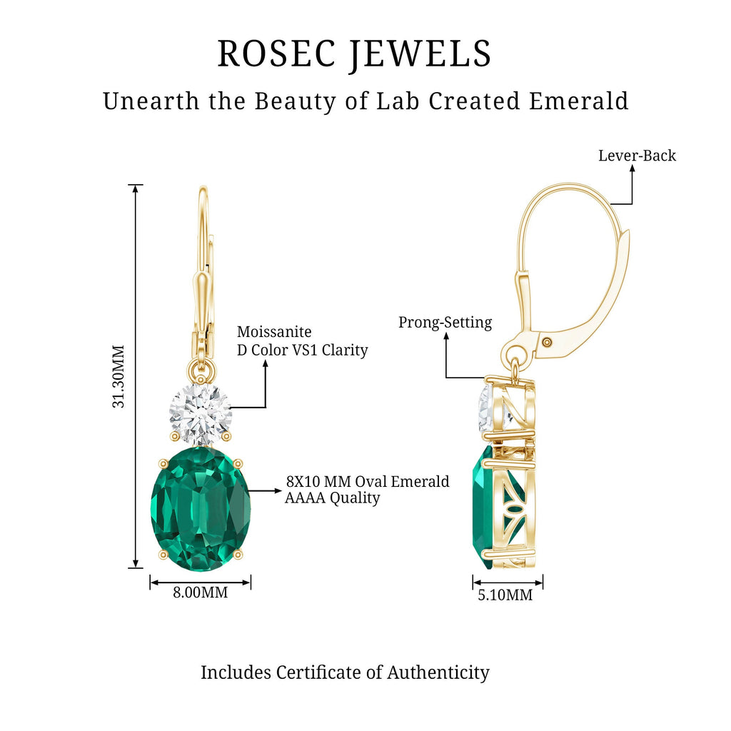 Lab Grown Emerald Earrings – Oval Drop Lever Back Earrings With Moissanite Sparkle