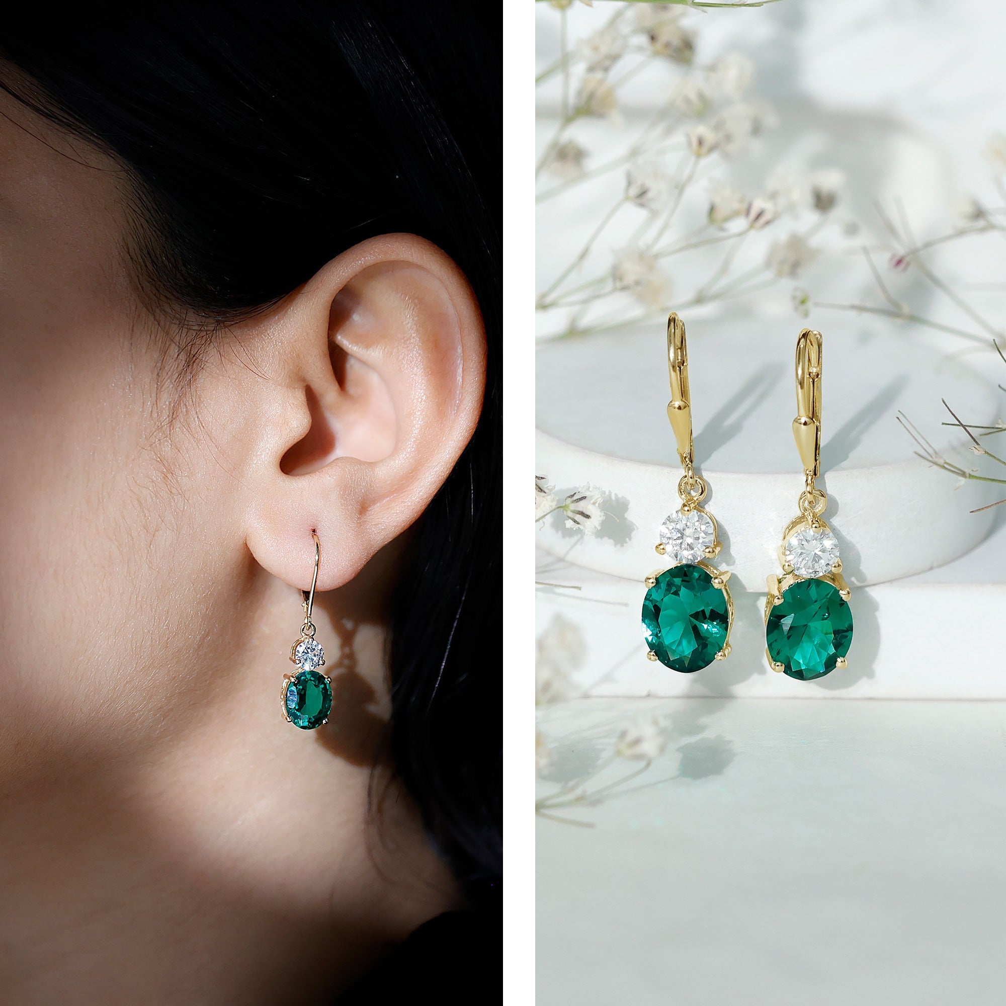 Lab Grown Emerald Earrings – Oval Drop Lever Back Earrings With Moissanite Sparkle