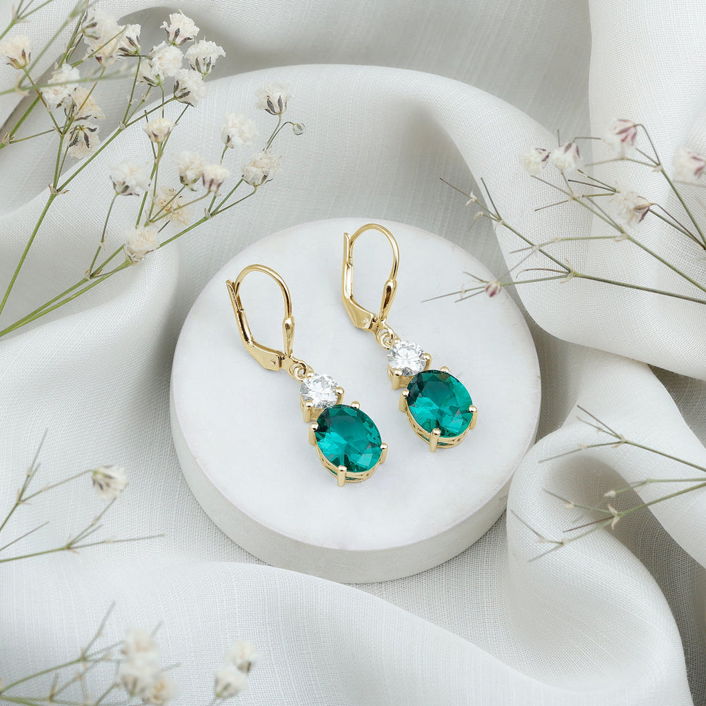 Lab Grown Emerald Earrings – Oval Drop Lever Back Earrings With Moissanite Sparkle