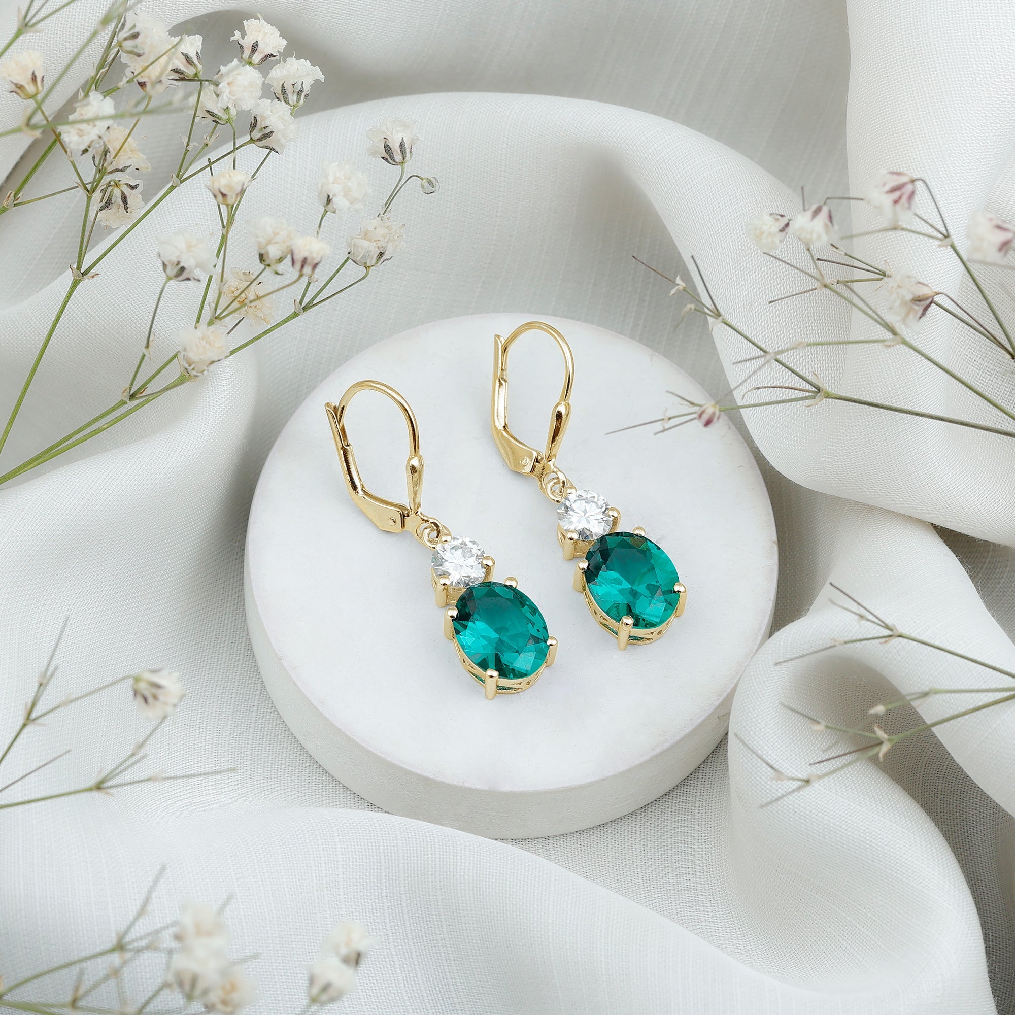 Lab Grown Emerald Earrings – Oval Drop Lever Back Earrings With Moissanite Sparkle