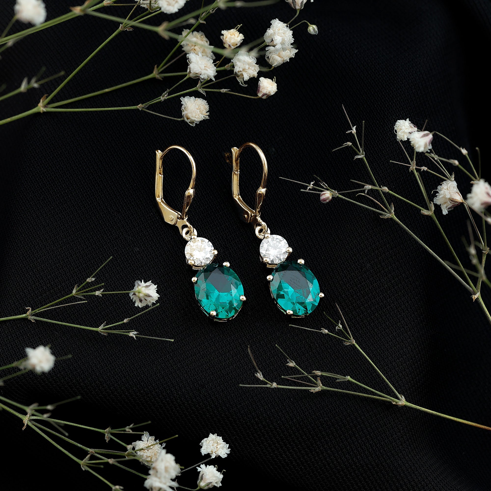 Lab Grown Emerald Earrings – Oval Drop Lever Back Earrings With Moissanite Sparkle