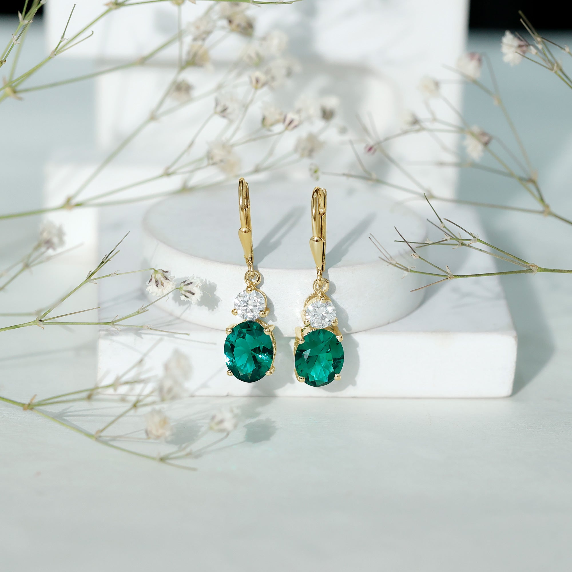 Lab Grown Emerald Earrings – Oval Drop Lever Back Earrings With Moissanite Sparkle