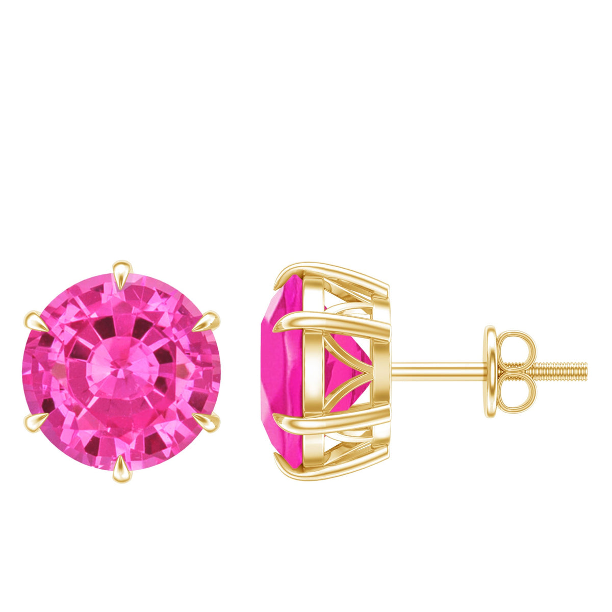 Certified 4.5 carat round lab created pink sapphire stud earrings in yellow gold