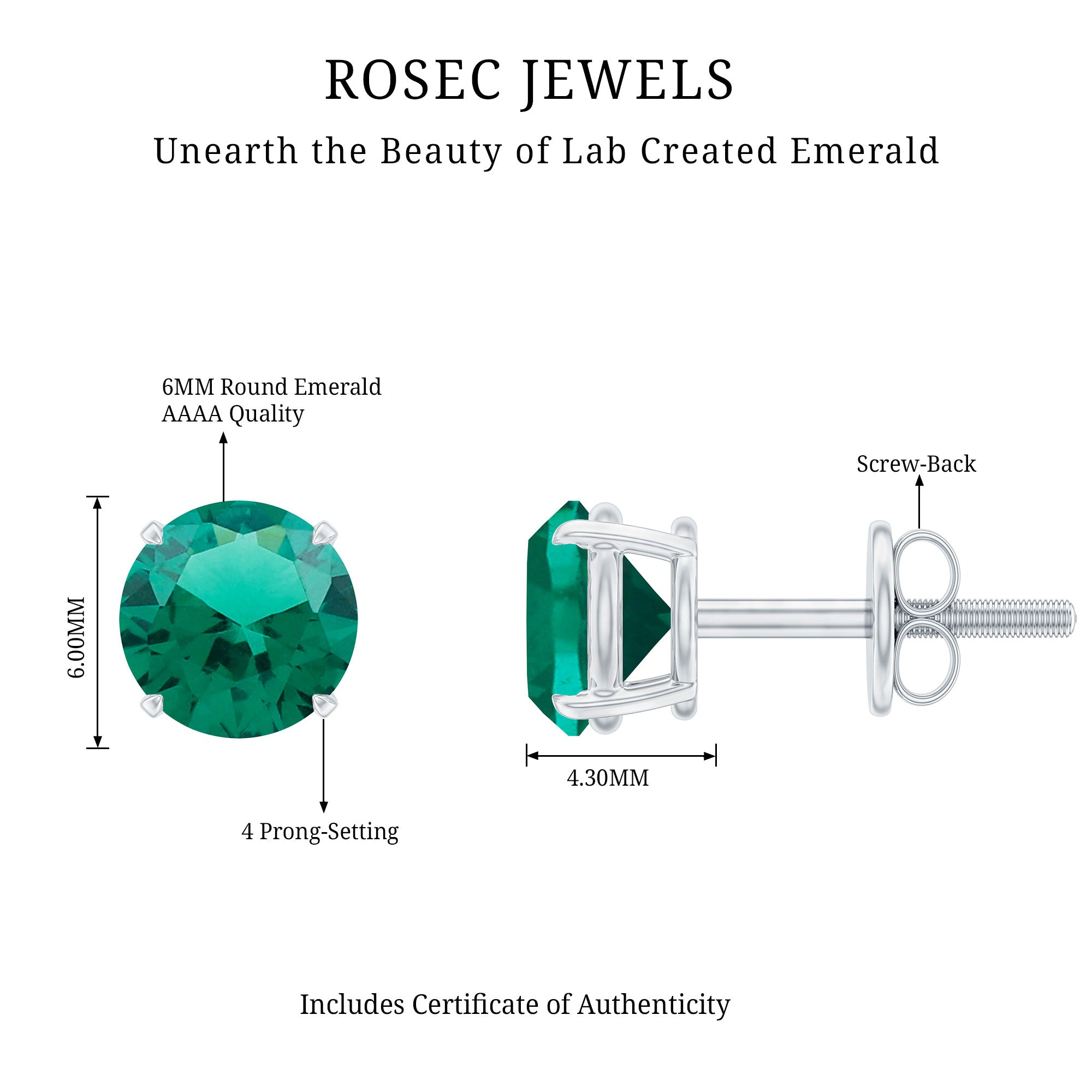 Lab Grown Emerald Earrings – 6mm Round Solitaire Studs | AAA Quality Green Gemstone