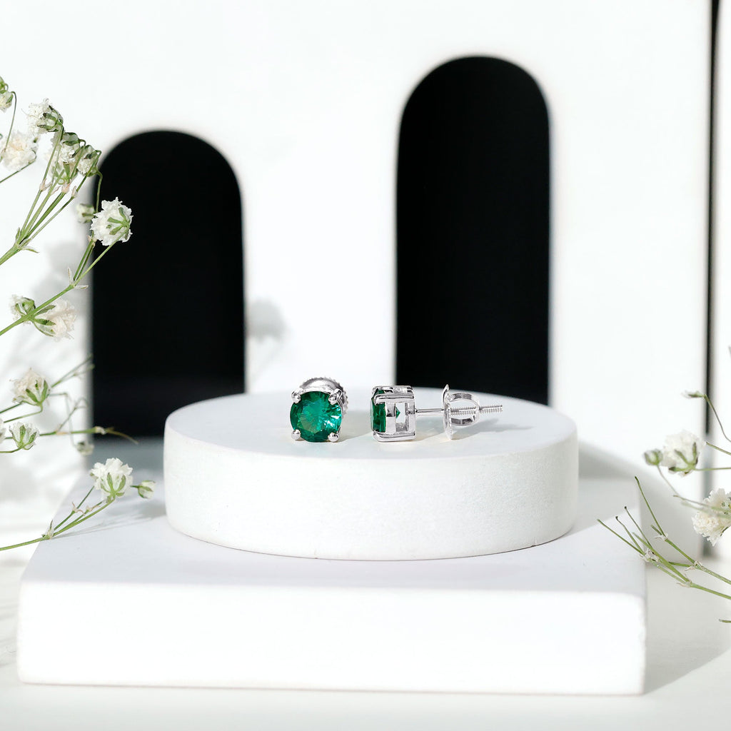 Lab Grown Emerald Earrings – 6mm Round Solitaire Studs | AAA Quality Green Gemstone