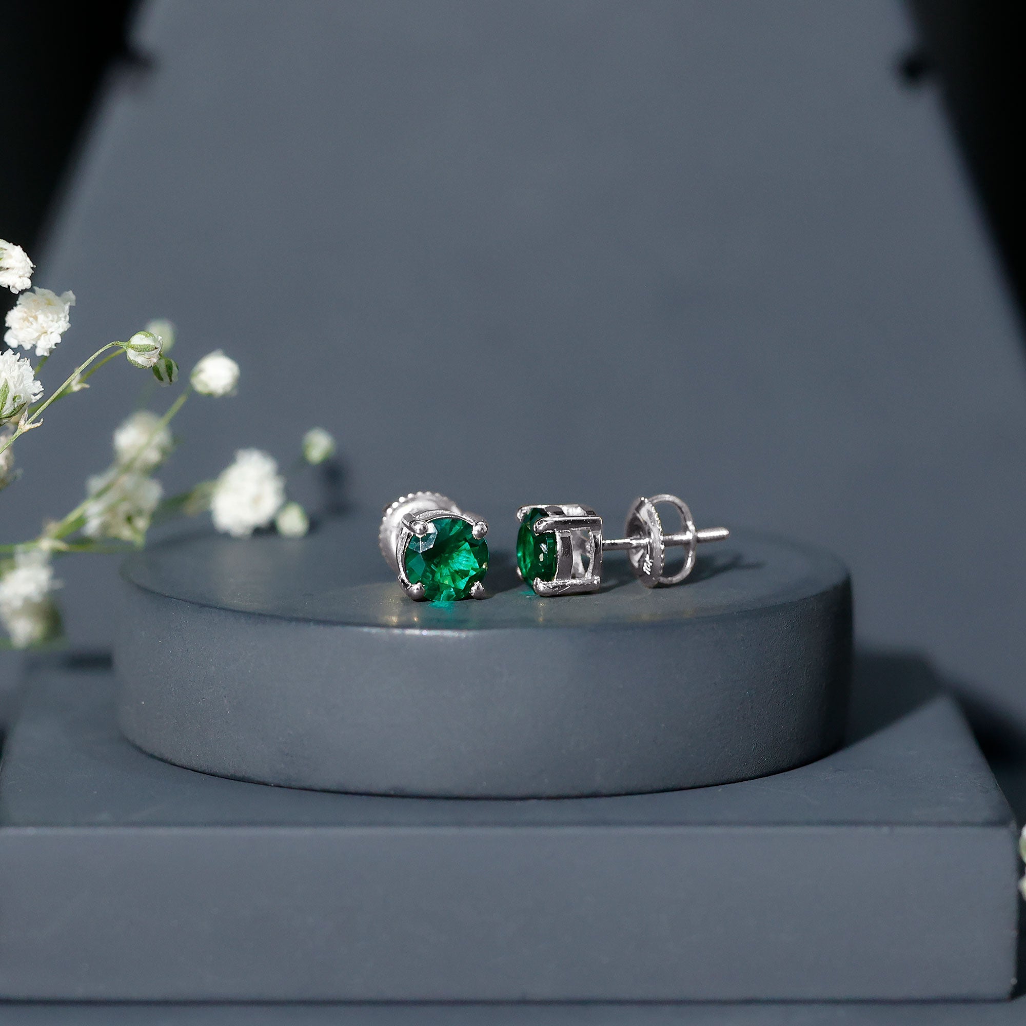 Lab Grown Emerald Earrings – 6mm Round Solitaire Studs | AAA Quality Green Gemstone