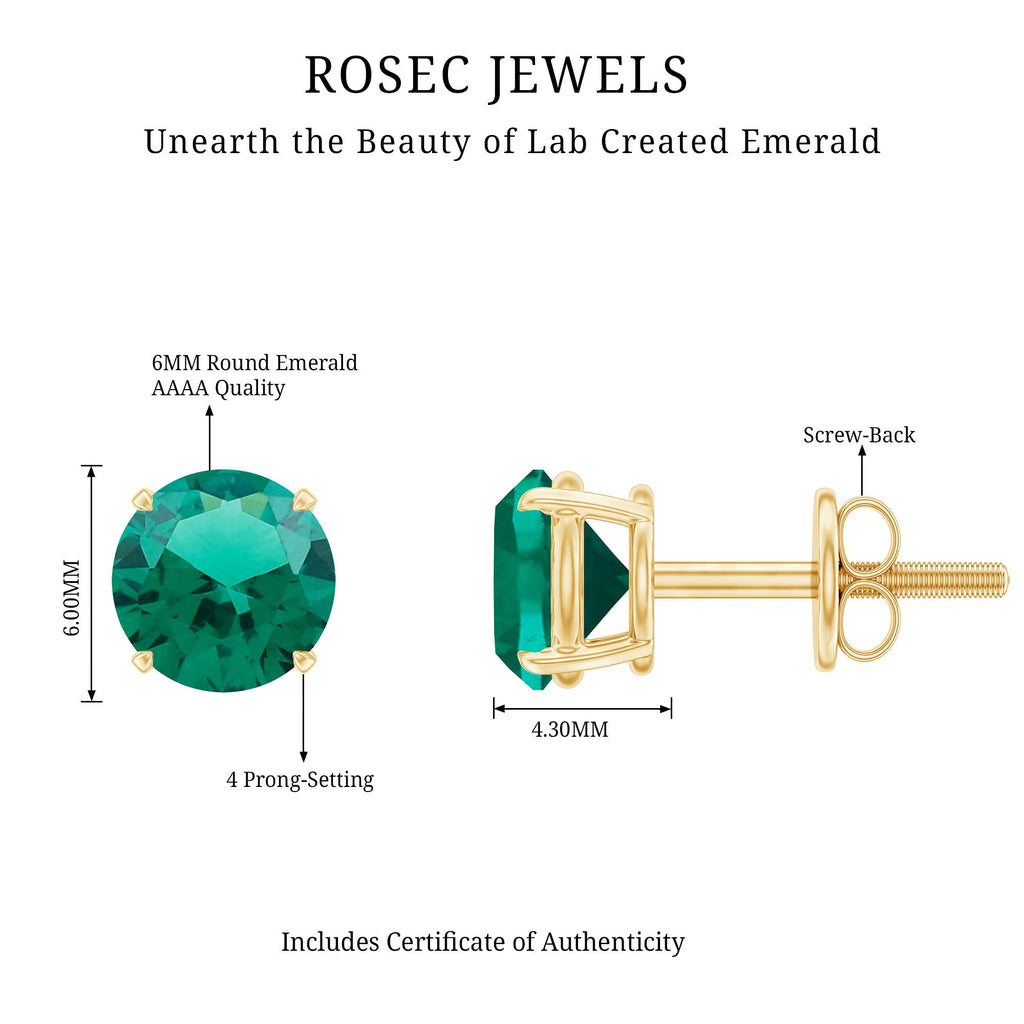 Lab Grown Emerald Earrings – 6mm Round Solitaire Studs | AAA Quality Green Gemstone