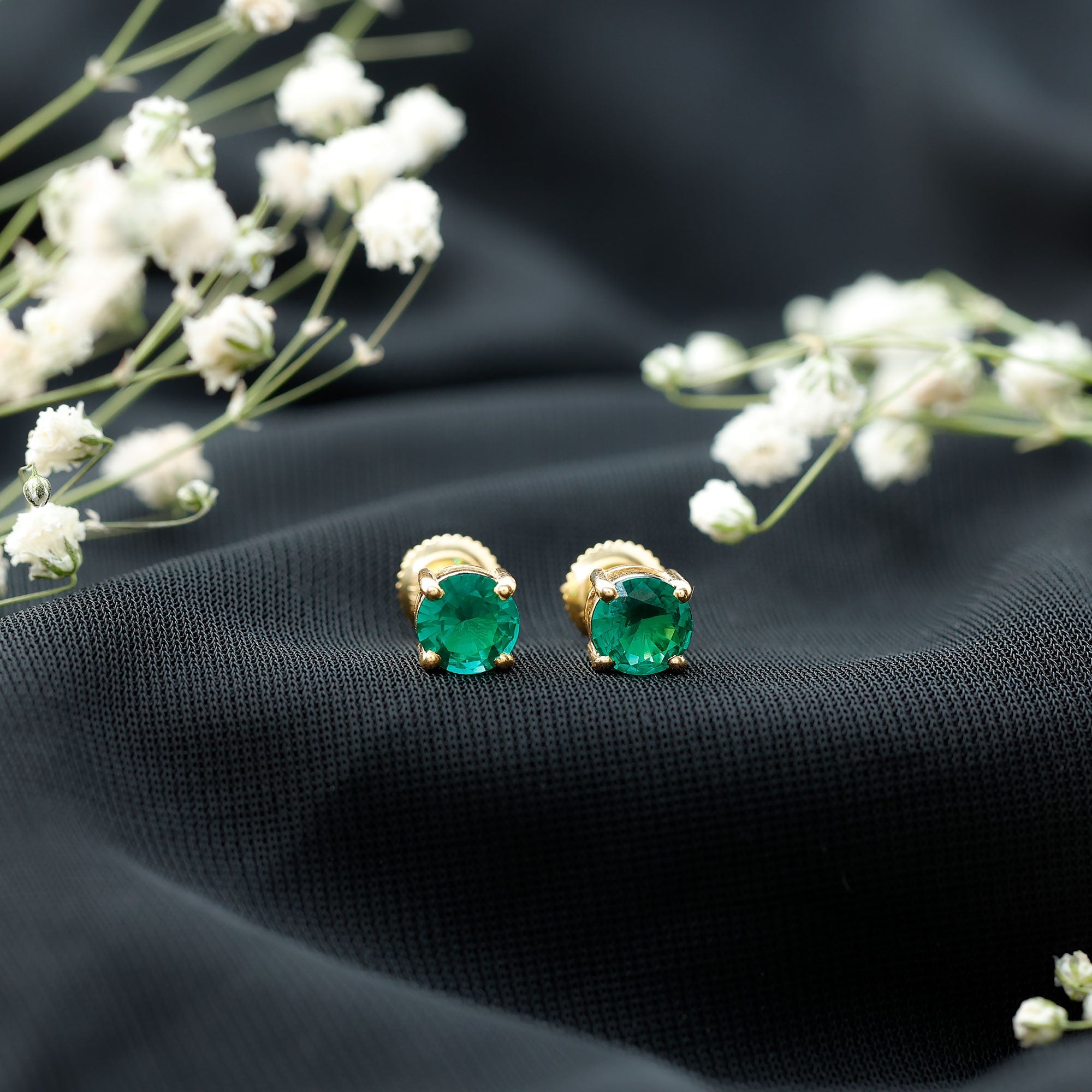 Lab Grown Emerald Earrings – 6mm Round Solitaire Studs | AAA Quality Green Gemstone