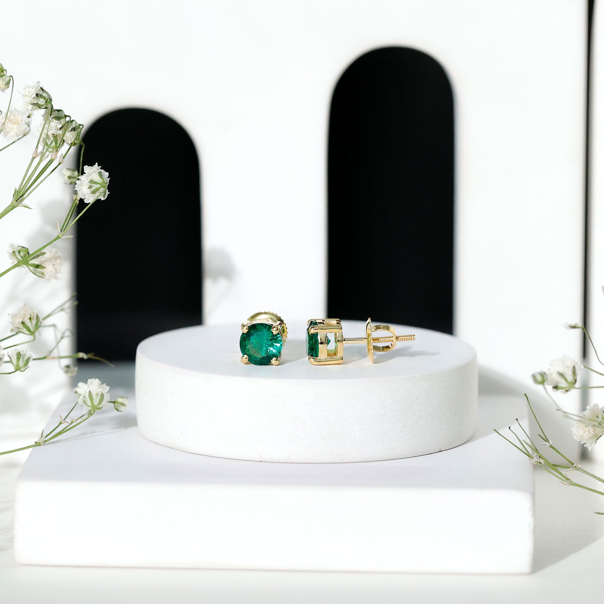 Lab Grown Emerald Earrings – 6mm Round Solitaire Studs | AAA Quality Green Gemstone