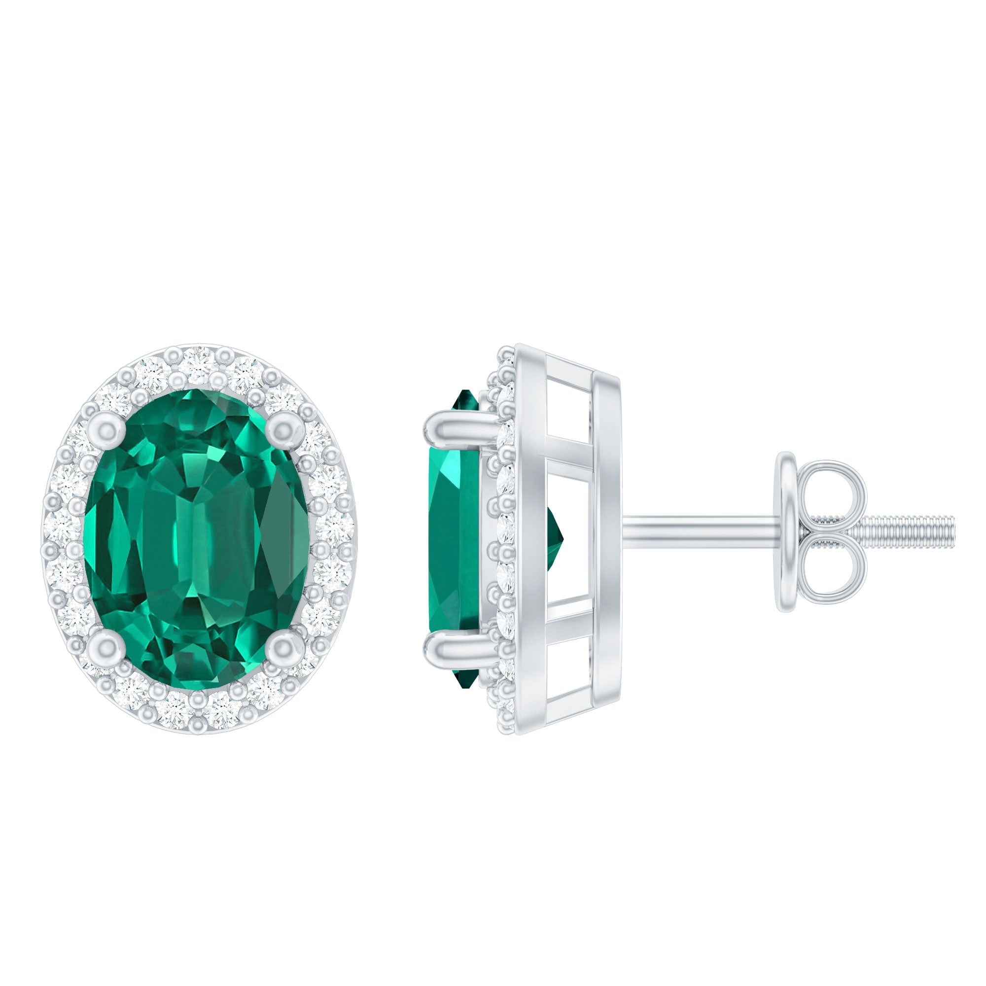 Lab Grown Emerald Earrings – Classic Oval Emerald Halo Studs With Diamond Halo