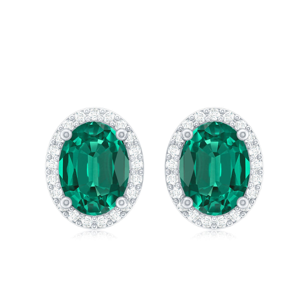 Lab Grown Emerald Earrings – Classic Oval Emerald Halo Studs With Diamond Halo