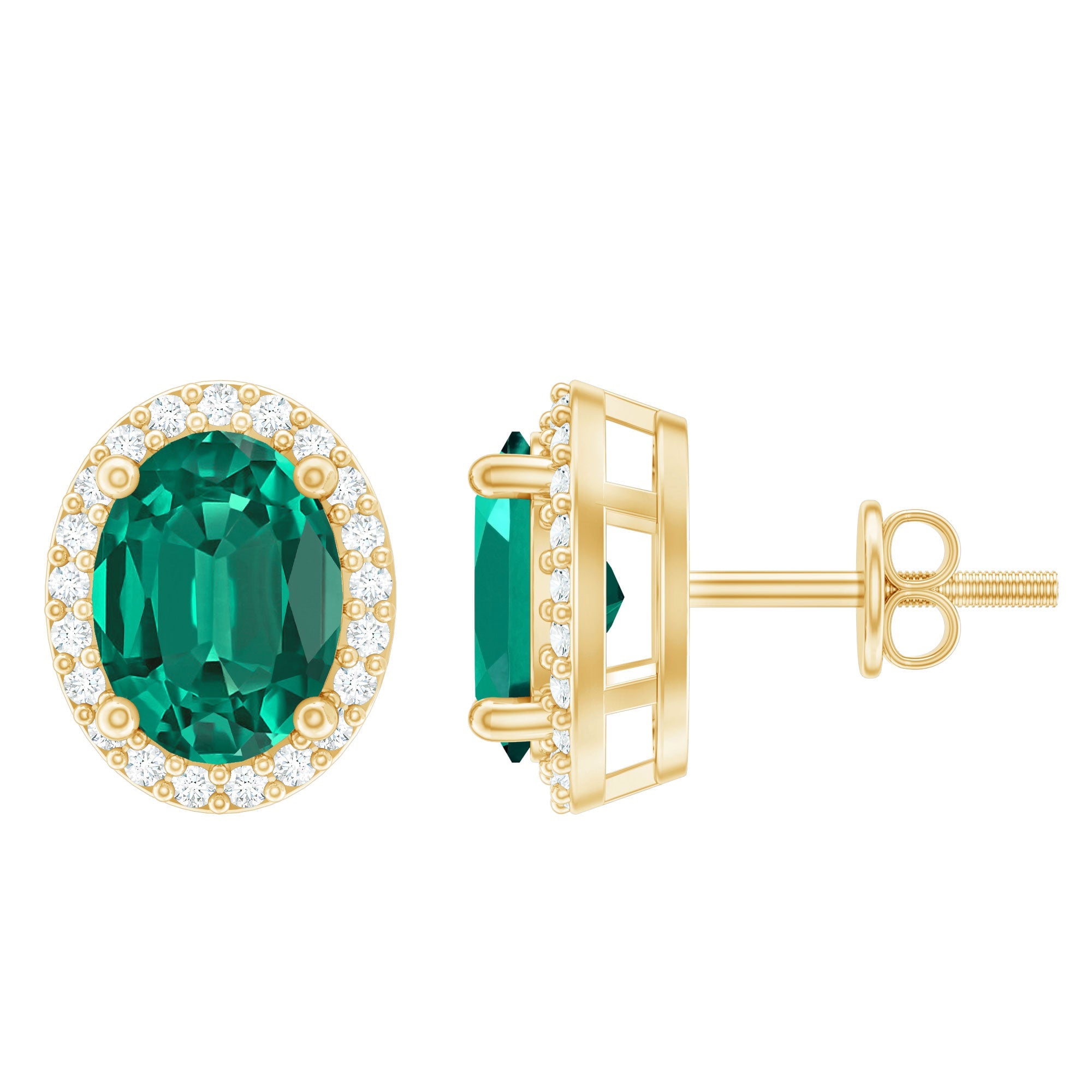 Lab Grown Emerald Earrings – Classic Oval Emerald Halo Studs With Diamond Halo
