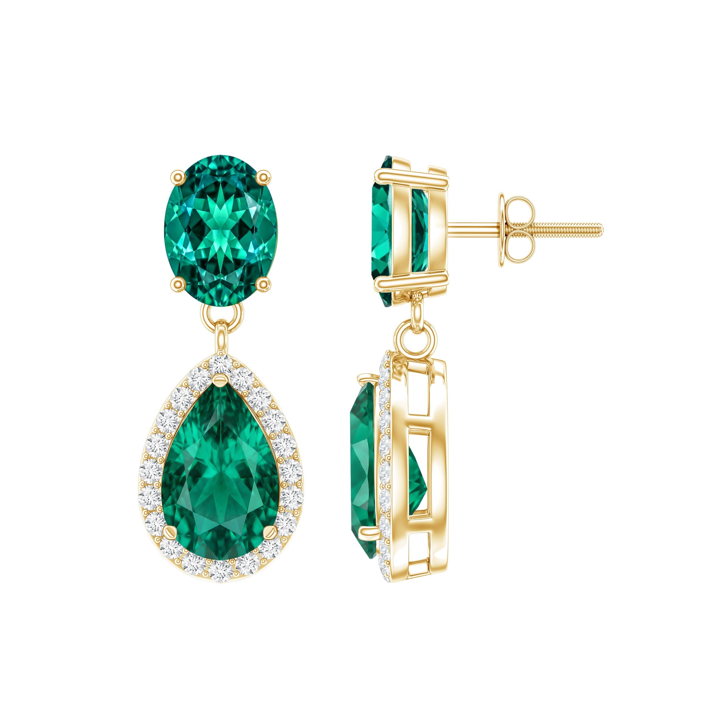 Lab Created Emerald Earrings – Classic Dangle Pear & Oval Halo Moissanite Design