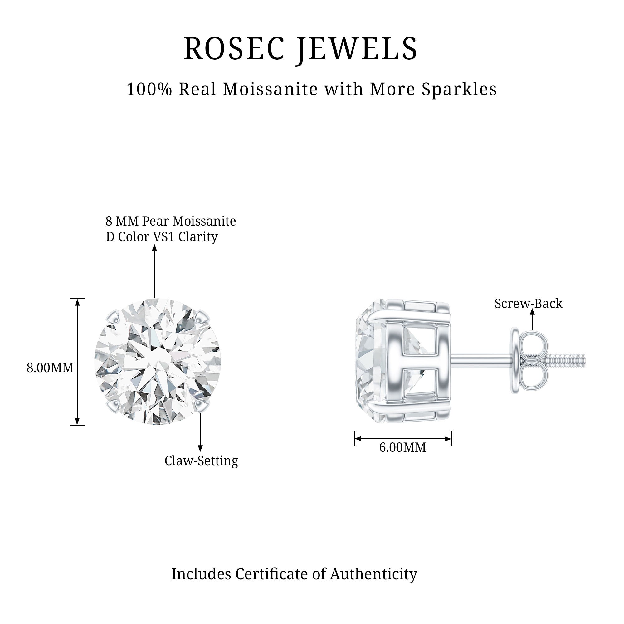 4 Carat Moissanite Earrings - Silver Solitaire Studs With Screwback Closures