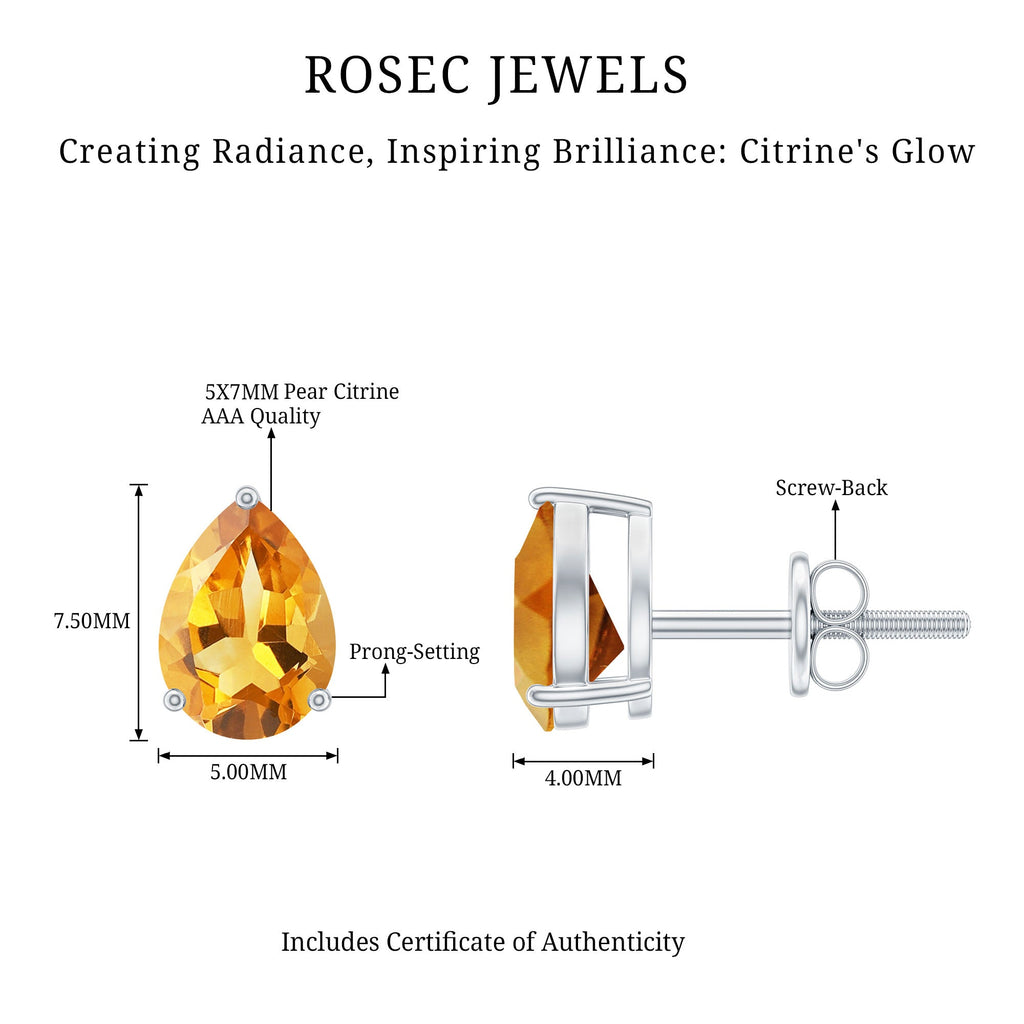 Pear Shape Citrine Earrings – November Birthstone Studs | 3 Prong Setting, Screw Back Closure