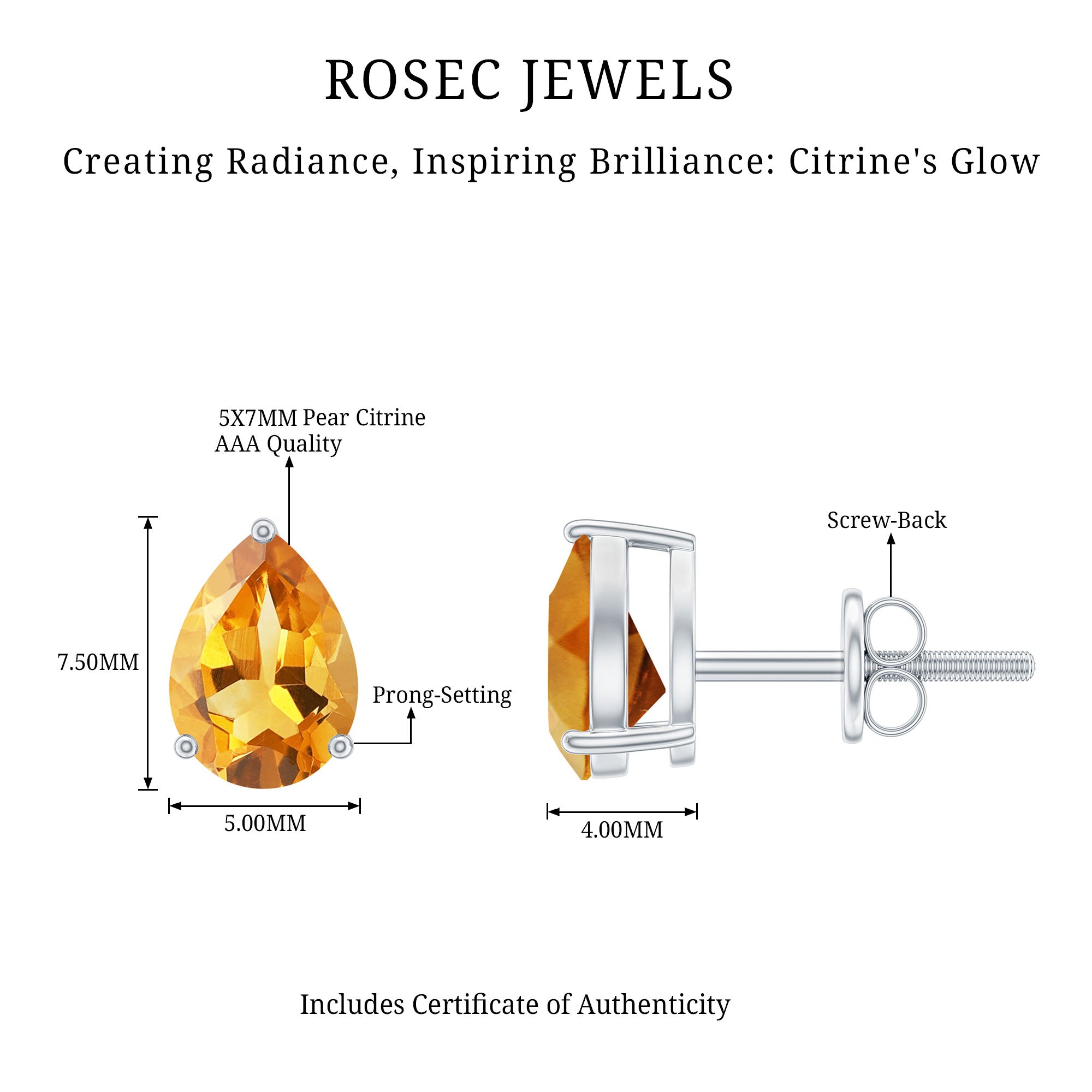 Pear Shape Citrine Earrings – November Birthstone Studs | 3 Prong Setting, Screw Back Closure